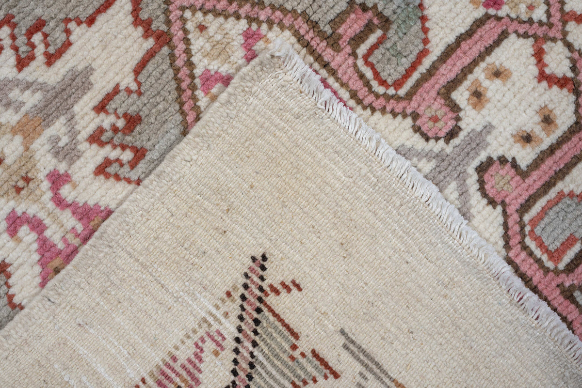 8' x 10' one-of-a-kind handmade antique Moroccan large size rug. Color palette: ivory, rose, taupe, terracotta, soft gray