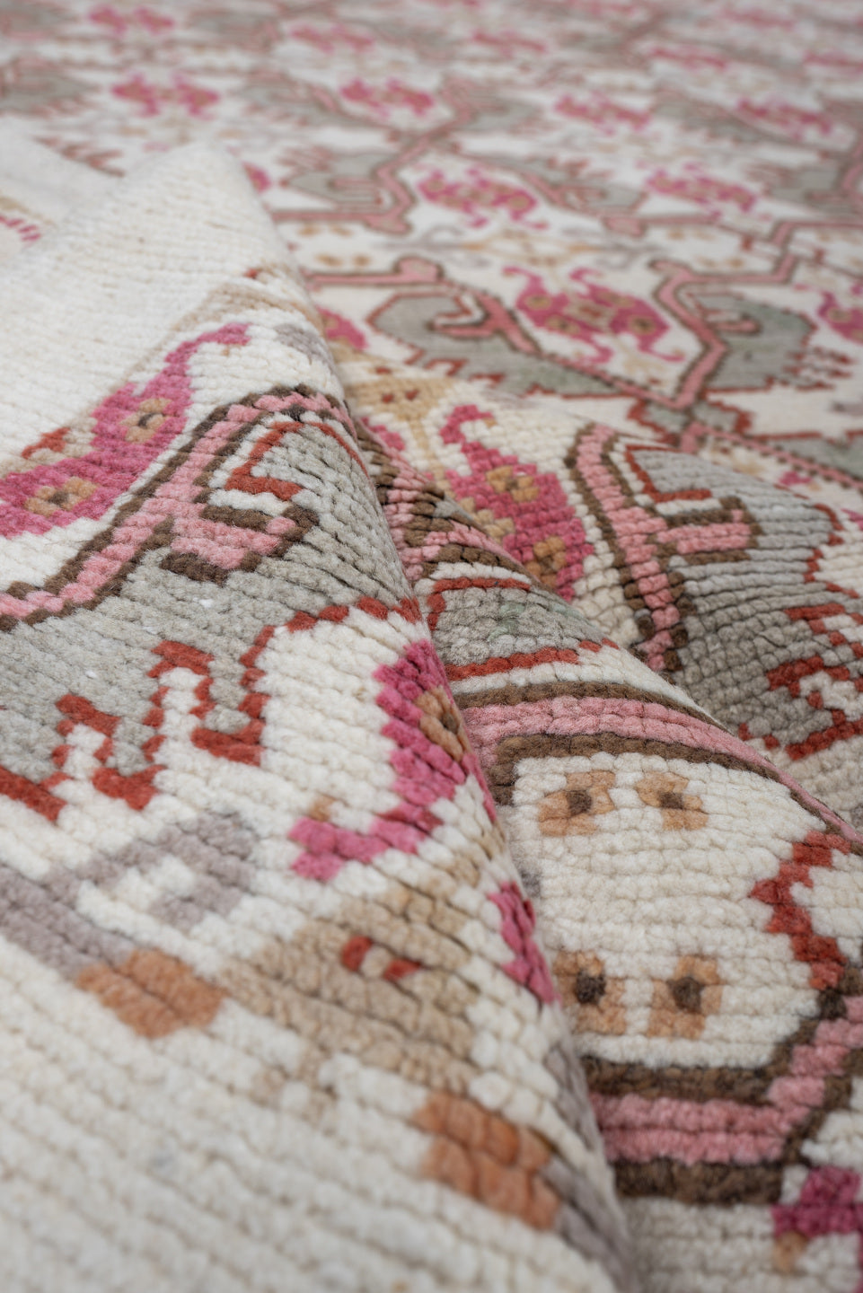 8' x 10' one-of-a-kind handmade antique Moroccan large size rug. Color palette: ivory, rose, taupe, terracotta, soft gray