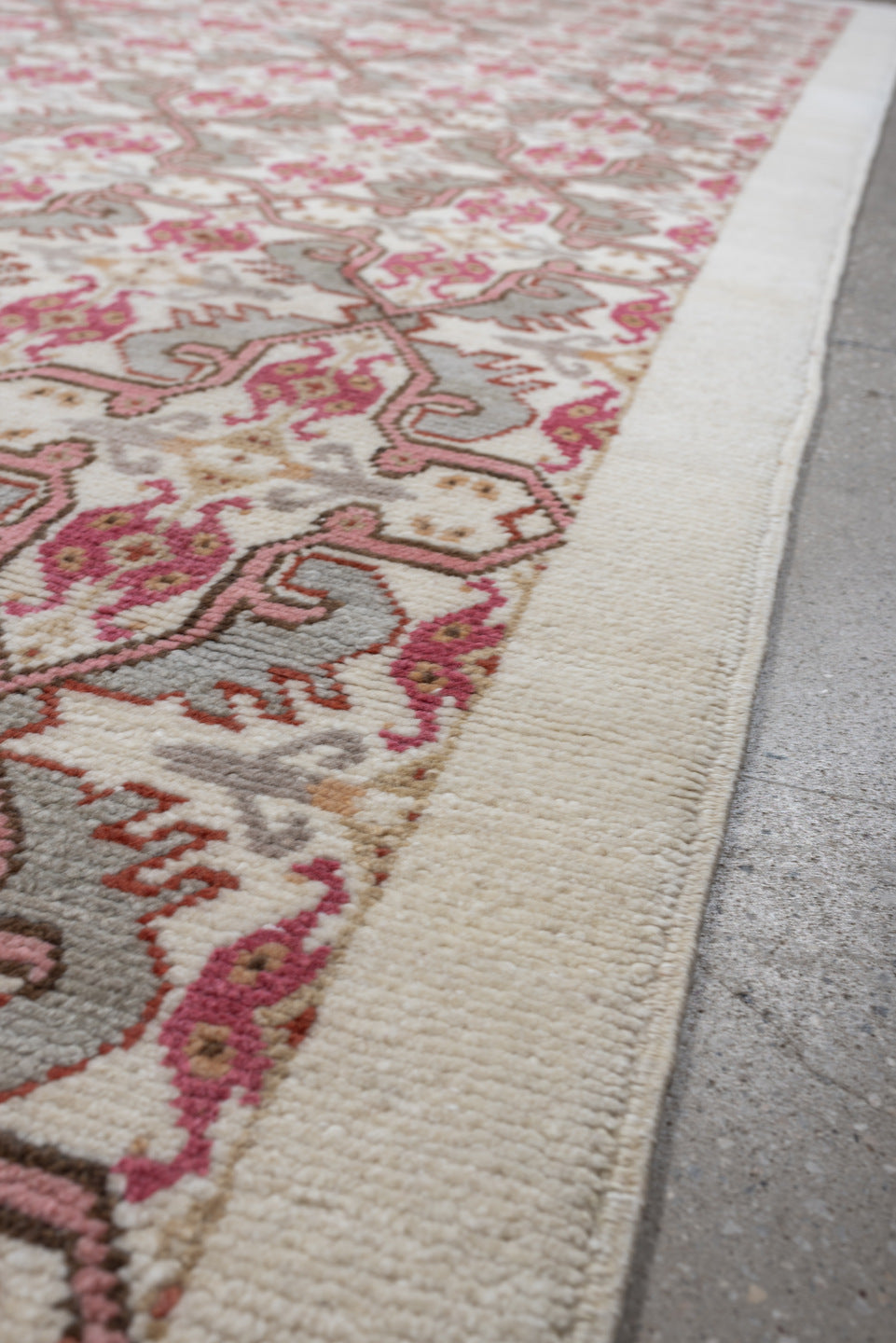 8' x 10' one-of-a-kind handmade antique Moroccan large size rug. Color palette: ivory, rose, taupe, terracotta, soft gray