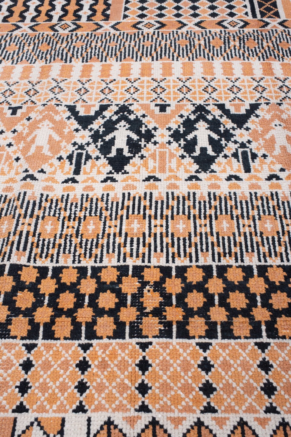 8' x 11' one-of-a-kind handmade antique Moroccan large size rug. Color palette: camel, ivory, ebony, charcoal, taupe, beige
