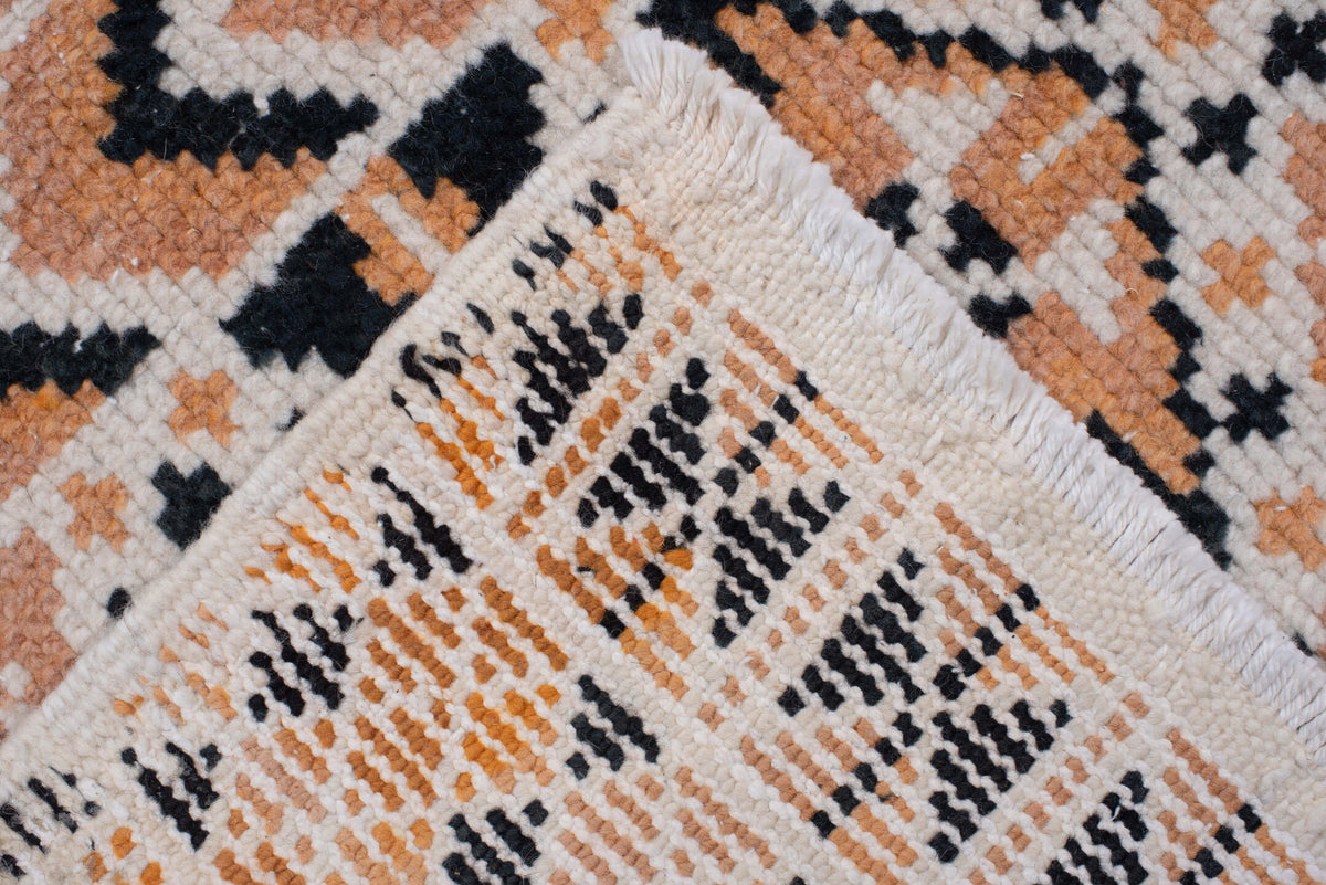 8' x 11' one-of-a-kind handmade antique Moroccan large size rug. Color palette: camel, ivory, ebony, charcoal, taupe, beige