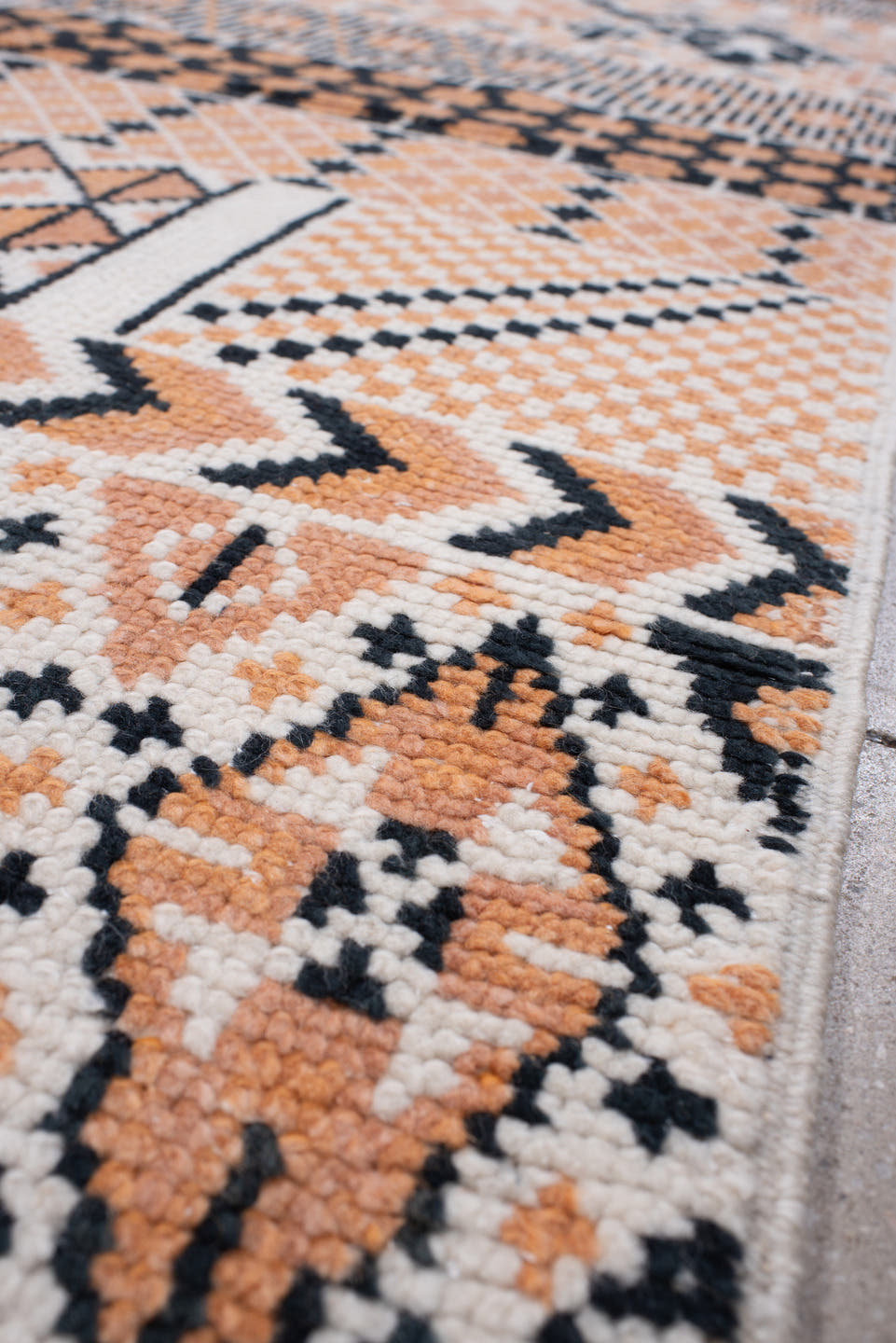 8' x 11' one-of-a-kind handmade antique Moroccan large size rug. Color palette: camel, ivory, ebony, charcoal, taupe, beige