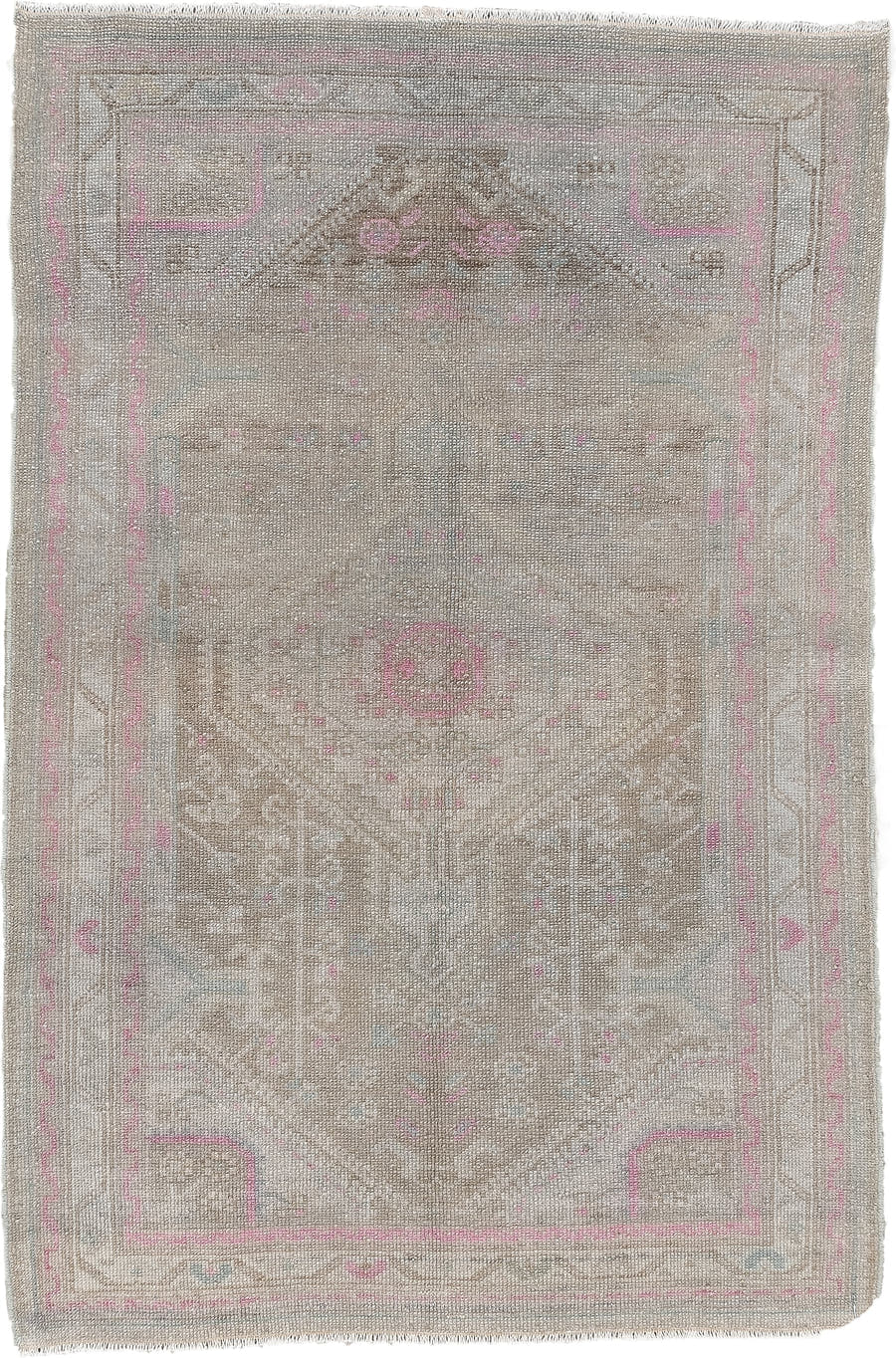 2' x 4' one-of-a-kind handmade antique Hamadan small size rug. Color palette: taupe, ivory, rose, blue green, gray, brown