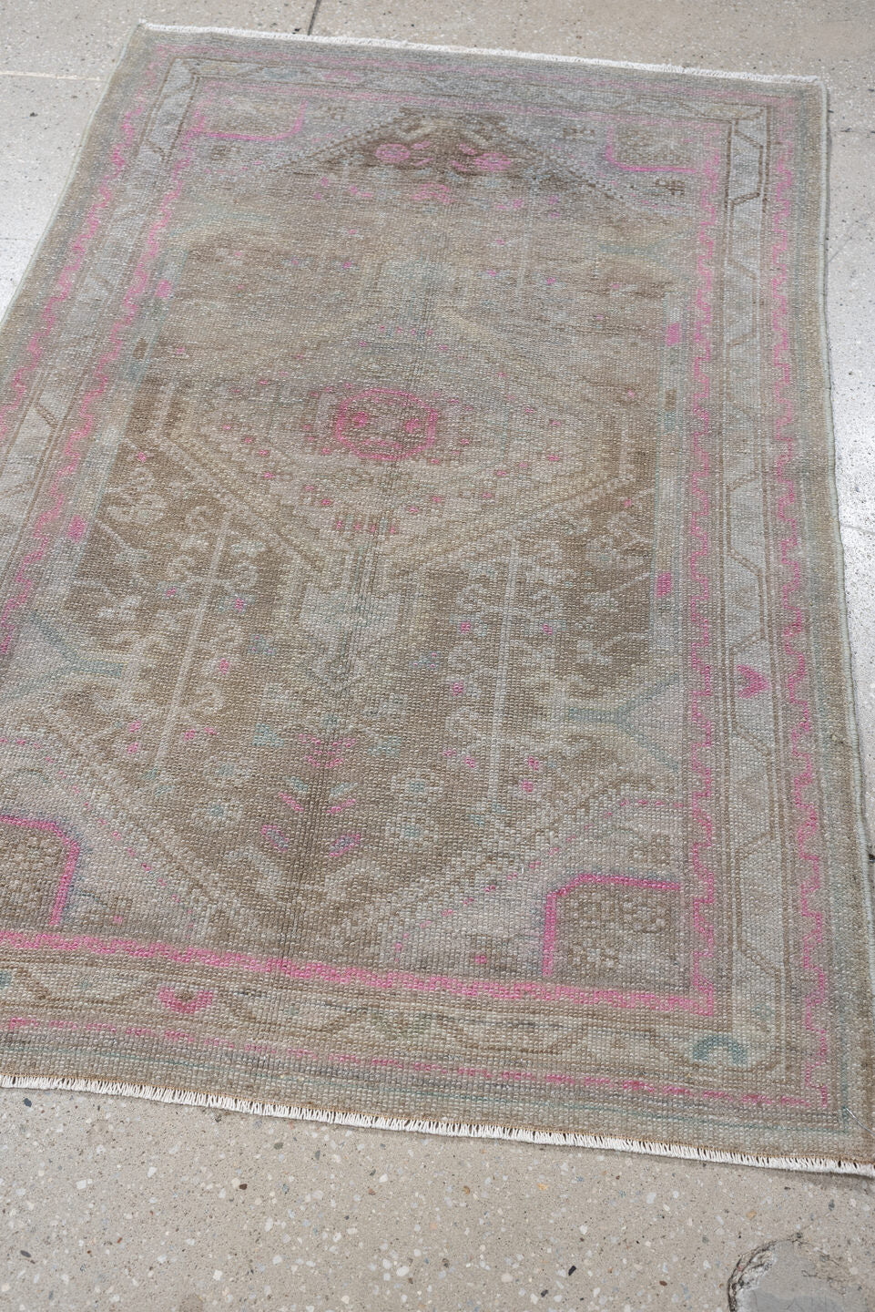 2' x 4' one-of-a-kind handmade antique Hamadan small size rug. Color palette: taupe, ivory, rose, blue green, gray, brown