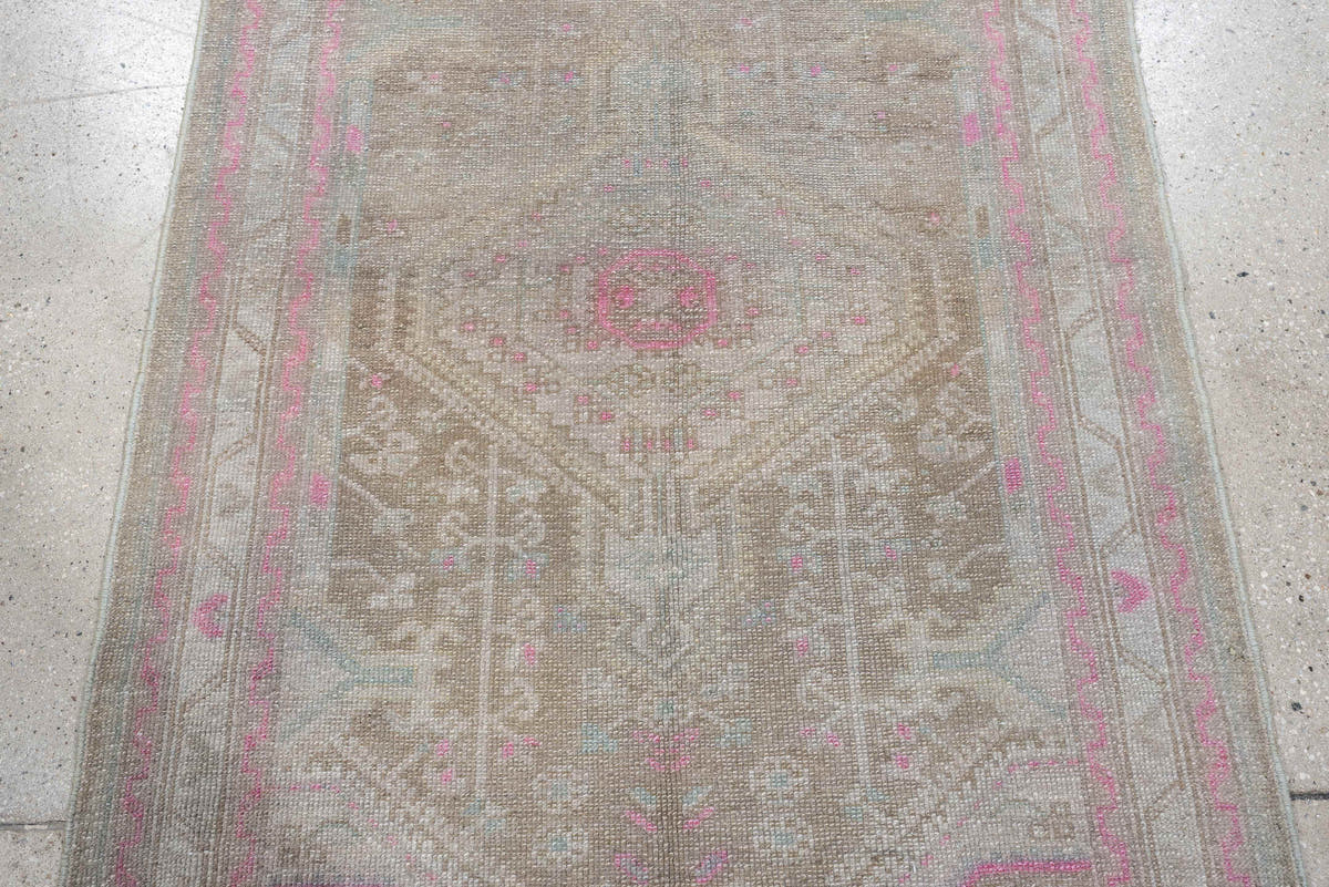 2' x 4' one-of-a-kind handmade antique Hamadan small size rug. Color palette: taupe, ivory, rose, blue green, gray, brown