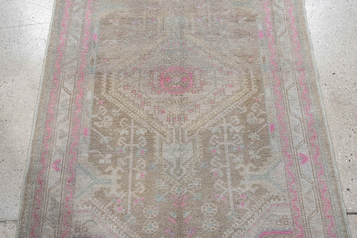 2' x 4' one-of-a-kind handmade antique Hamadan small size rug. Color palette: taupe, ivory, rose, blue green, gray, brown
