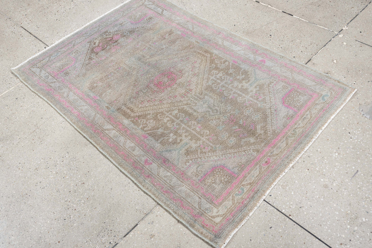 2' x 4' one-of-a-kind handmade antique Hamadan small size rug. Color palette: taupe, ivory, rose, blue green, gray, brown