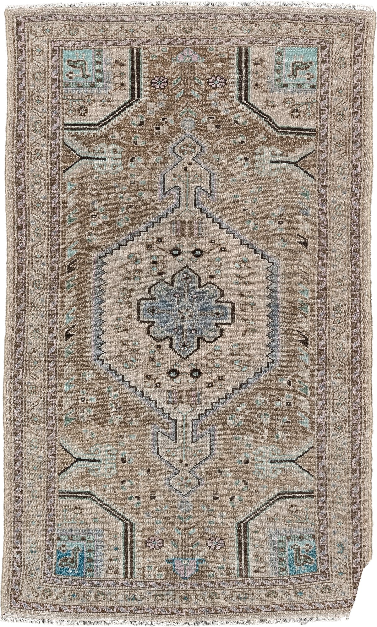 2' x 4' one-of-a-kind handmade antique Hamadan small size rug. Color palette: camel, ivory, taupe, powder blue, aqua