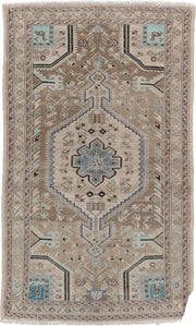 2' x 4' one-of-a-kind handmade antique Hamadan small size rug. Color palette: camel, ivory, taupe, powder blue, aqua