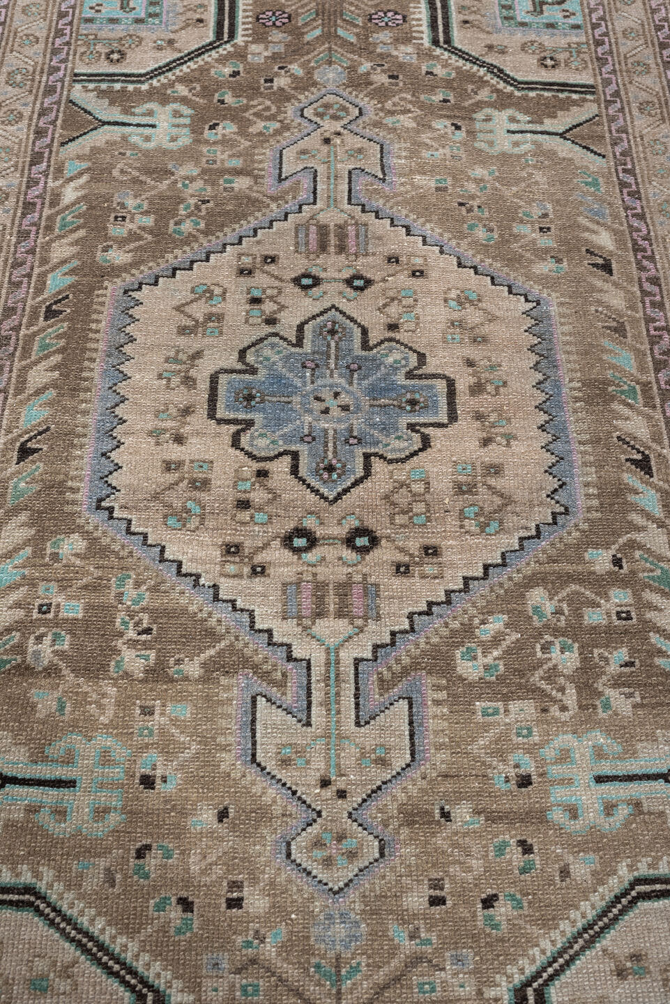 2' x 4' one-of-a-kind handmade antique Hamadan small size rug. Color palette: camel, ivory, taupe, powder blue, aqua