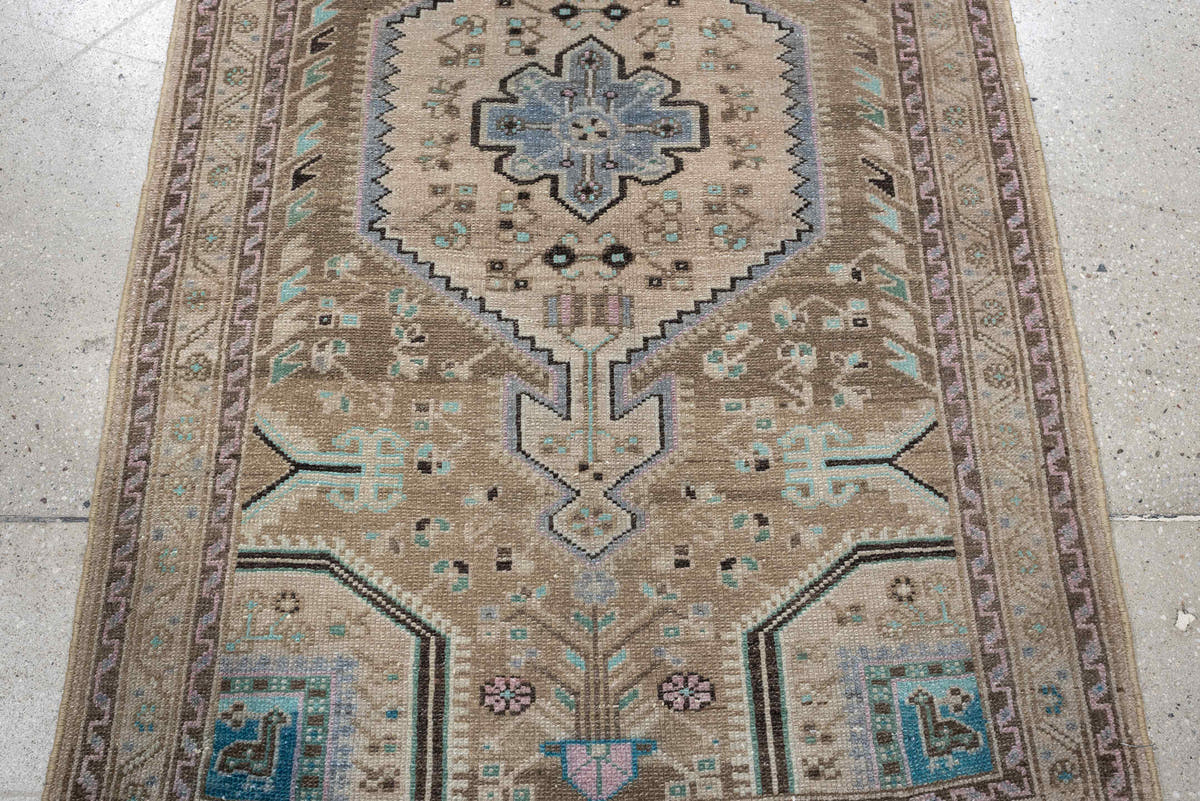 2' x 4' one-of-a-kind handmade antique Hamadan small size rug. Color palette: camel, ivory, taupe, powder blue, aqua