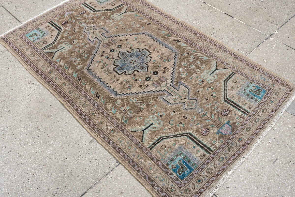 2' x 4' one-of-a-kind handmade antique Hamadan small size rug. Color palette: camel, ivory, taupe, powder blue, aqua
