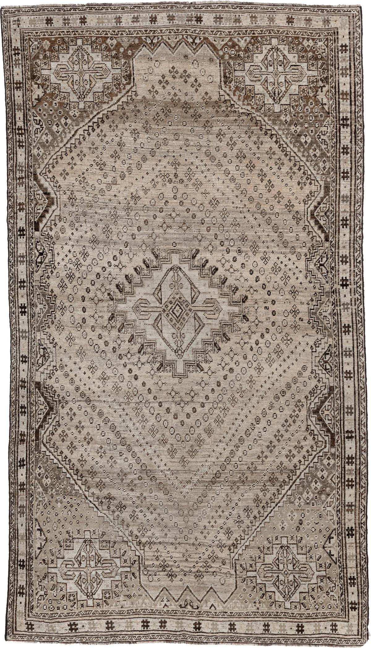 5' x 9' one-of-a-kind handmade antique Shiraz medium size rug. Color palette: ivory, taupe, charcoal, brown, camel, ebony