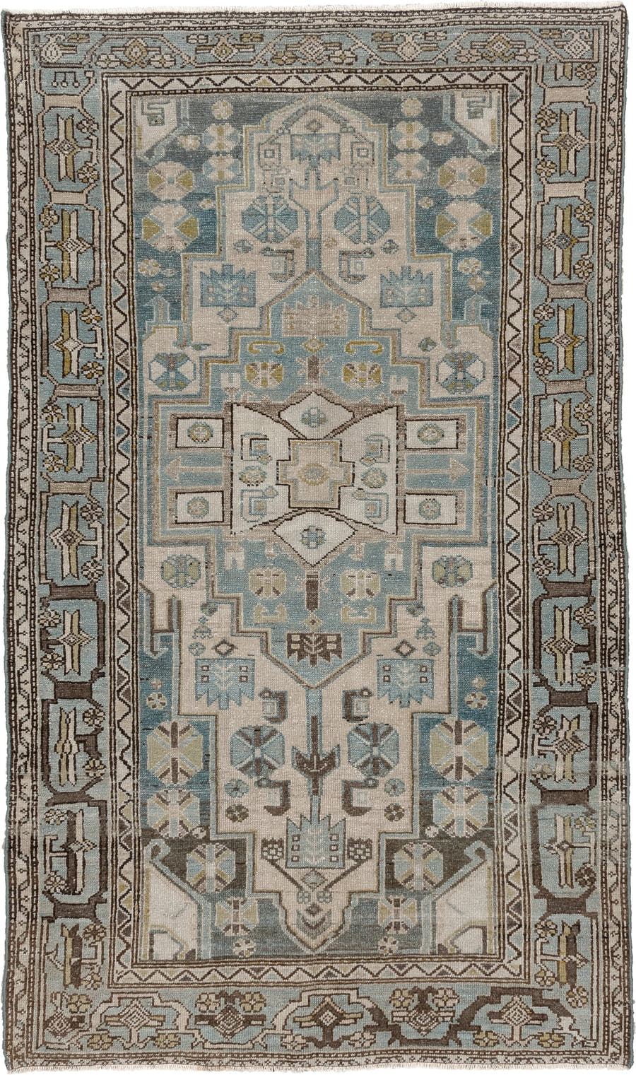 4' x 6' one-of-a-kind handmade antique Hamadan rug. Color palette: ivory, blue gray, taupe, brown, muted teal, charcoal