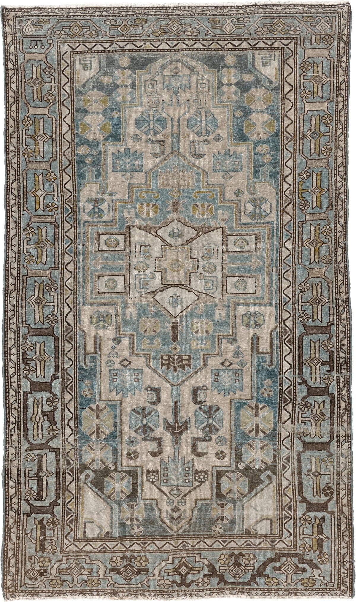 4' x 6' one-of-a-kind handmade antique Hamadan rug. Color palette: ivory, blue gray, taupe, brown, muted teal, charcoal