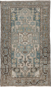 4' x 6' one-of-a-kind handmade antique Hamadan rug. Color palette: ivory, blue gray, taupe, brown, muted teal, charcoal