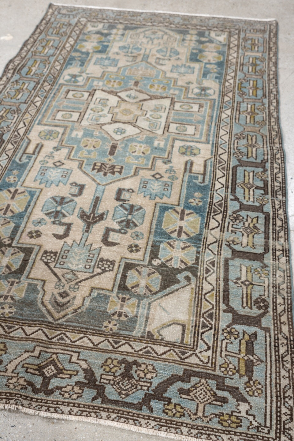4' x 6' one-of-a-kind handmade antique Hamadan rug. Color palette: ivory, blue gray, taupe, brown, muted teal, charcoal