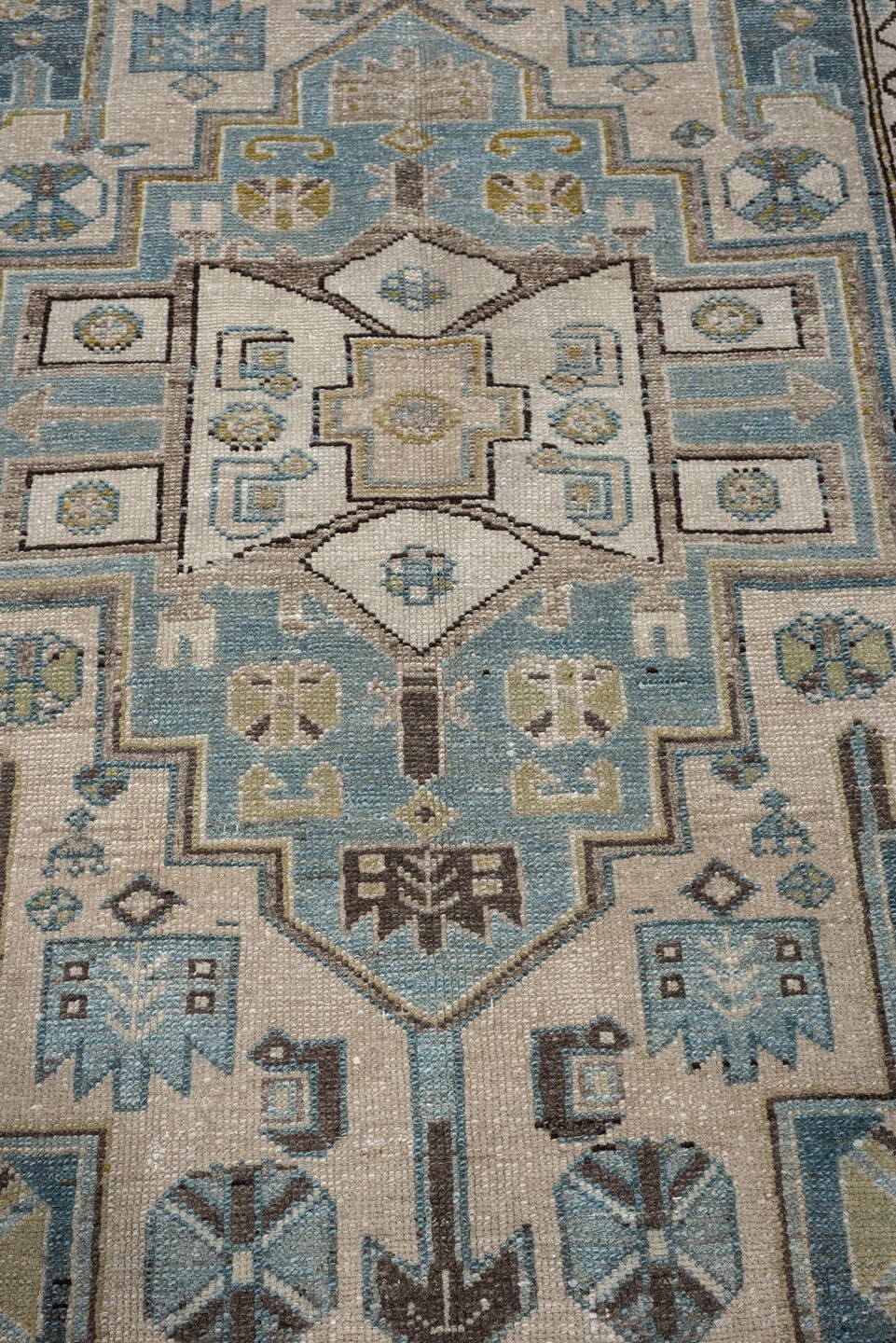 4' x 6' one-of-a-kind handmade antique Hamadan rug. Color palette: ivory, blue gray, taupe, brown, muted teal, charcoal