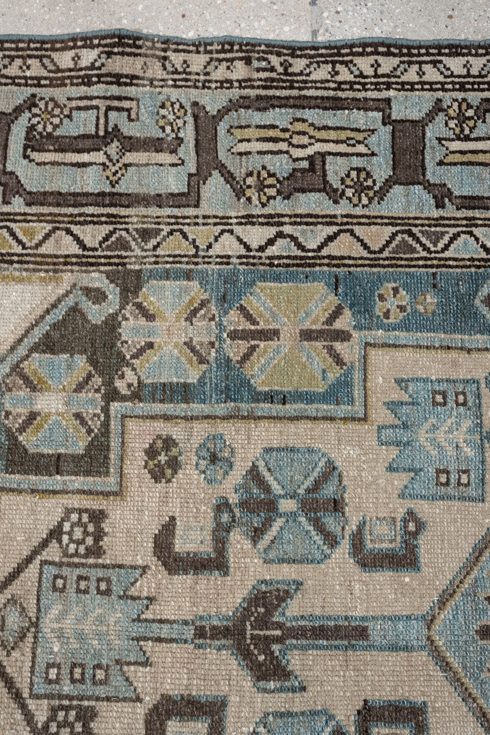 4' x 6' one-of-a-kind handmade antique Hamadan rug. Color palette: ivory, blue gray, taupe, brown, muted teal, charcoal