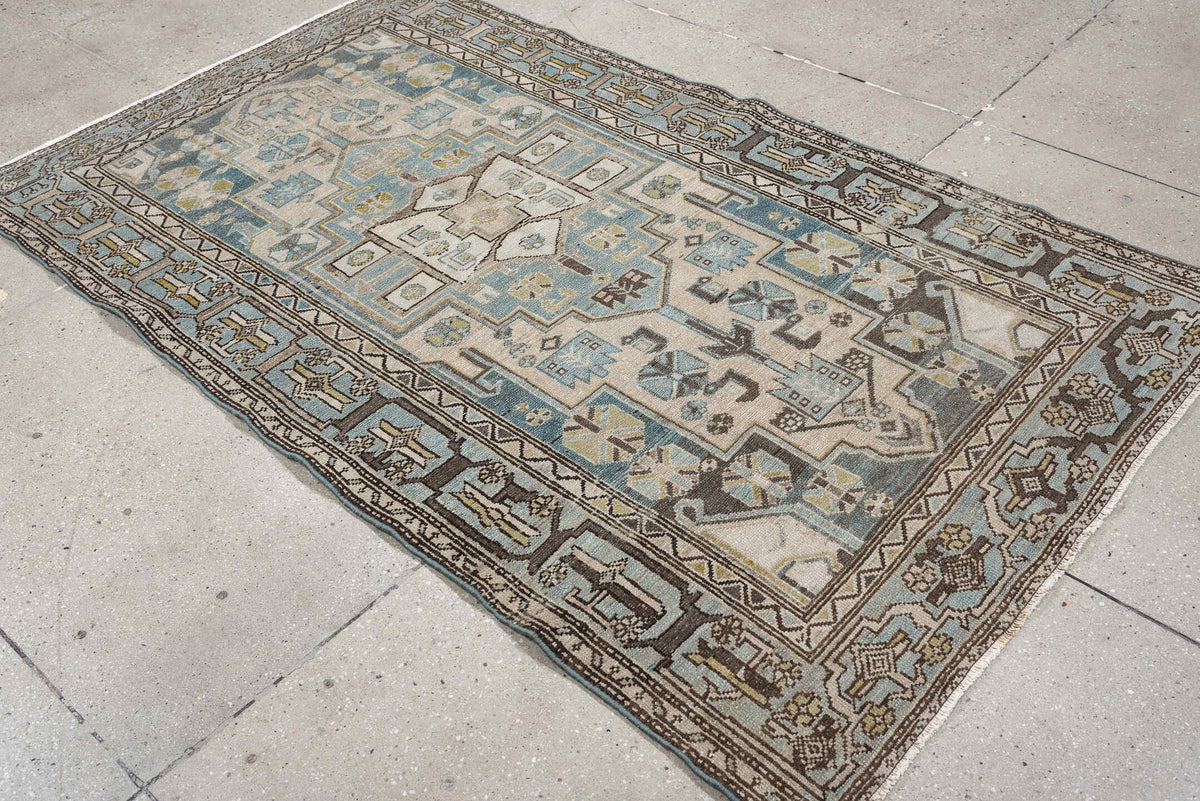 4' x 6' one-of-a-kind handmade antique Hamadan rug. Color palette: ivory, blue gray, taupe, brown, muted teal, charcoal