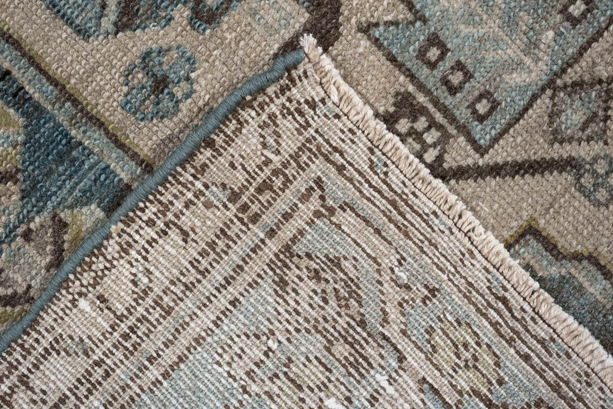 4' x 6' one-of-a-kind handmade antique Hamadan rug. Color palette: ivory, blue gray, taupe, brown, muted teal, charcoal