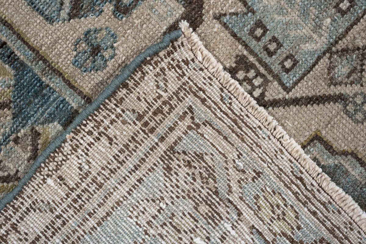4' x 6' one-of-a-kind handmade antique Hamadan rug. Color palette: ivory, blue gray, taupe, brown, muted teal, charcoal