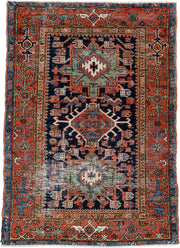3' x 4' one-of-a-kind handmade antique Karaje small size rug. Color palette: navy, rust, ivory, terra cotta, blue, sage