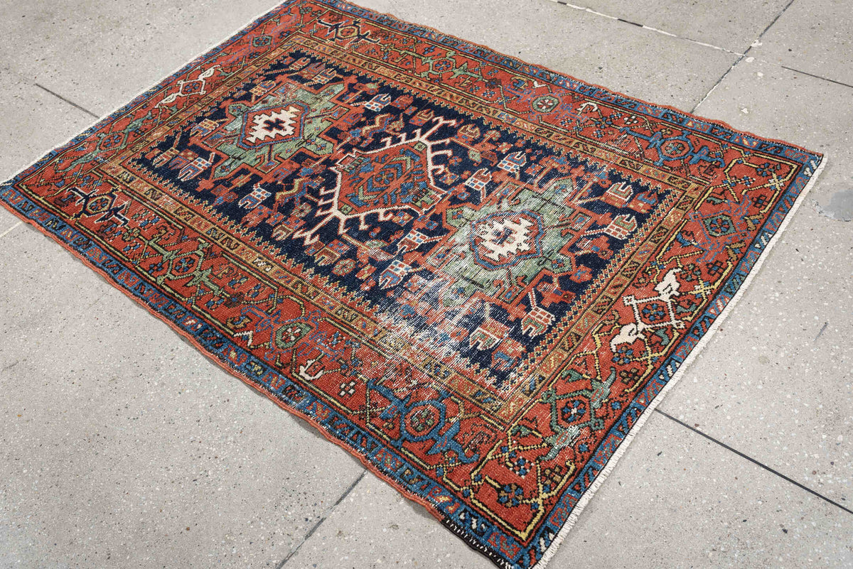 3' x 4' one-of-a-kind handmade antique Karaje small size rug. Color palette: navy, rust, ivory, terra cotta, blue, sage