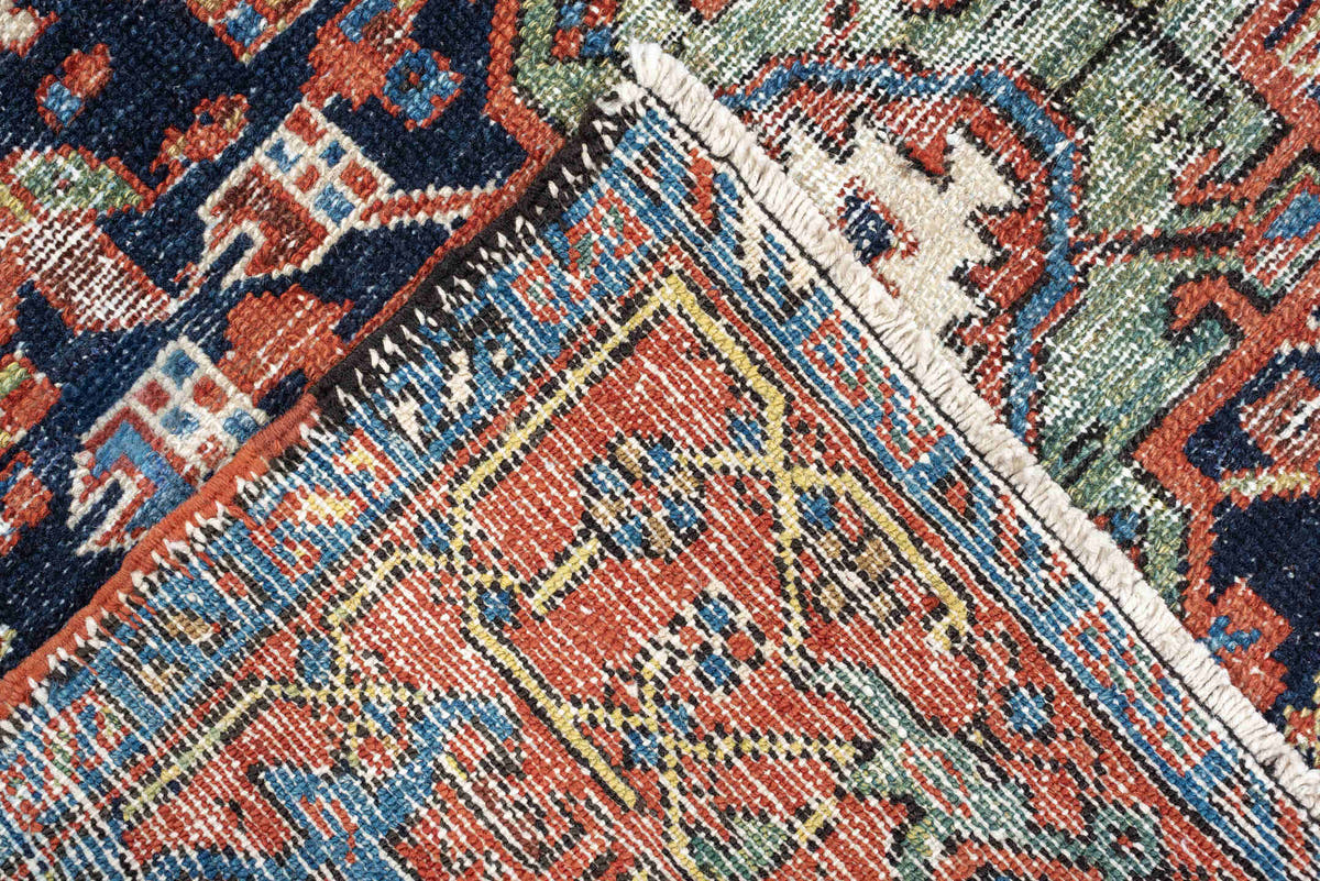 3' x 4' one-of-a-kind handmade antique Karaje small size rug. Color palette: navy, rust, ivory, terra cotta, blue, sage