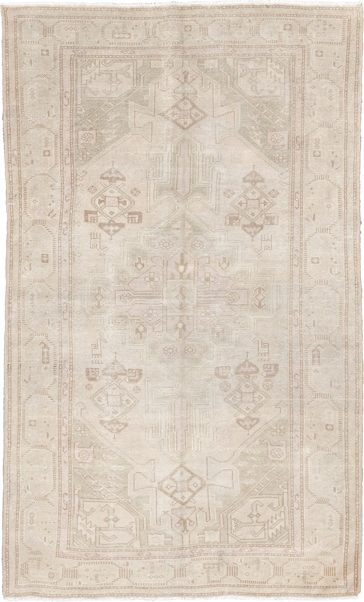 4' x 7' one-of-a-kind handmade antique rug. Color palette: ivory, cream, taupe, sand, sage, beige, pale brown, gray, green