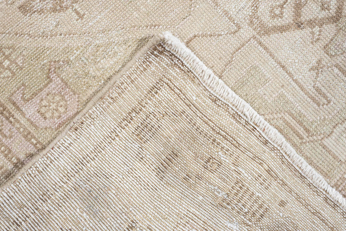 4' x 7' one-of-a-kind handmade antique rug. Color palette: ivory, cream, taupe, sand, sage, beige, pale brown, gray, green