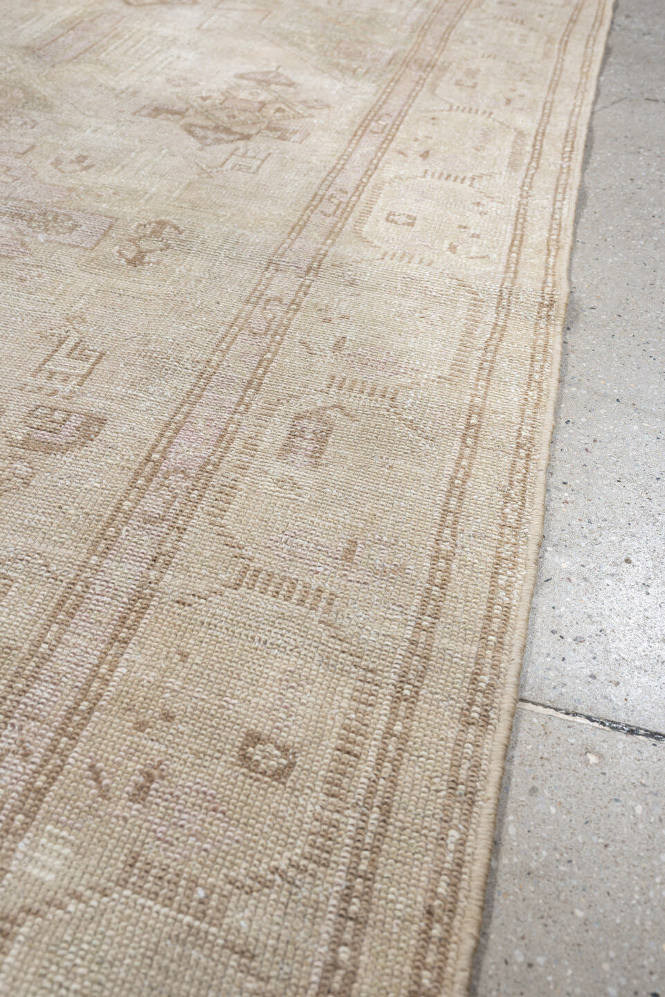4' x 7' one-of-a-kind handmade antique rug. Color palette: ivory, cream, taupe, sand, sage, beige, pale brown, gray, green