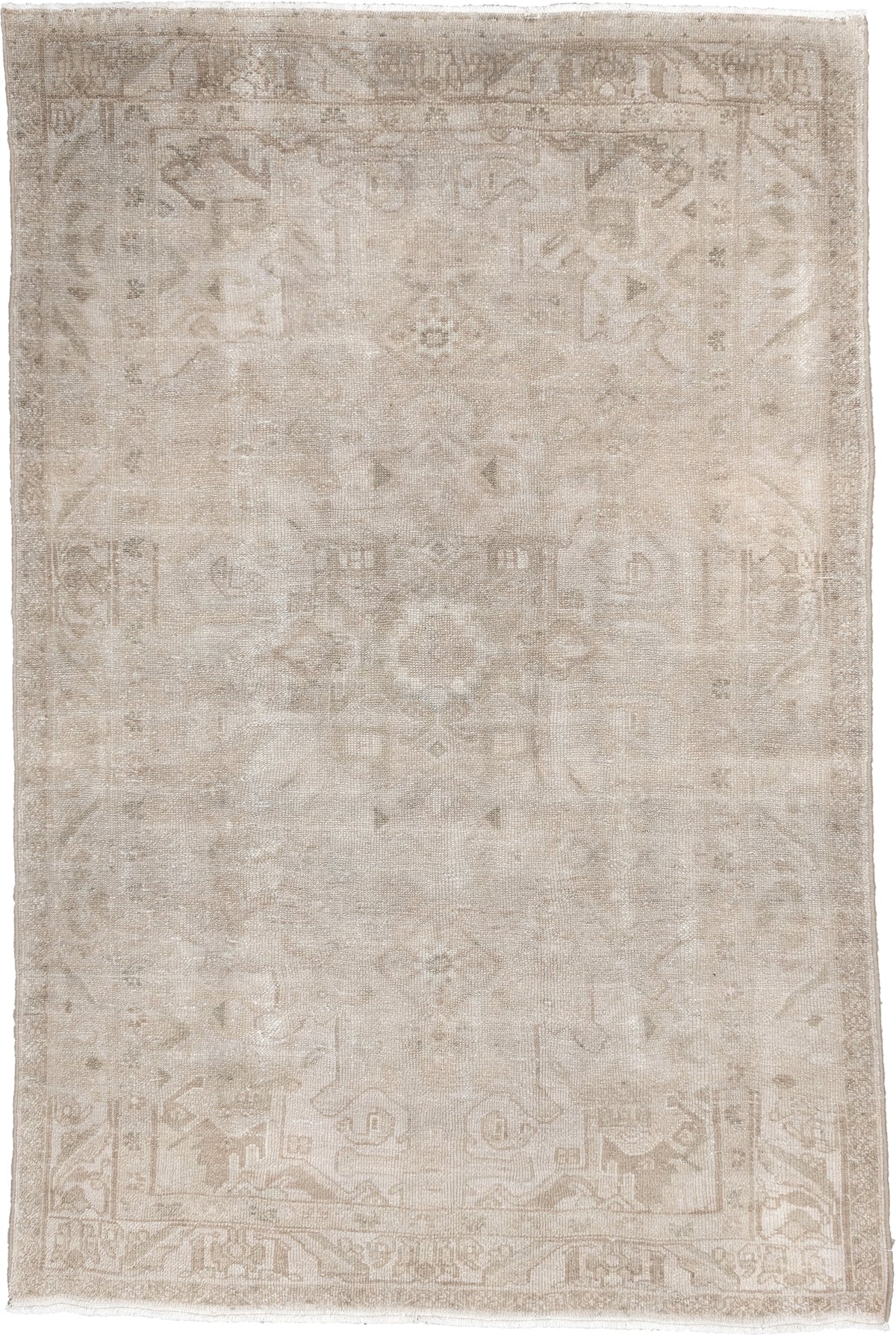4' x 6' one-of-a-kind handmade antique Hamadan rug. Color palette: ivory, taupe, beige, sand, camel, gray beige, gray