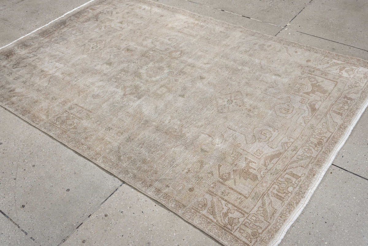 4' x 6' one-of-a-kind handmade antique Hamadan rug. Color palette: ivory, taupe, beige, sand, camel, gray beige, gray