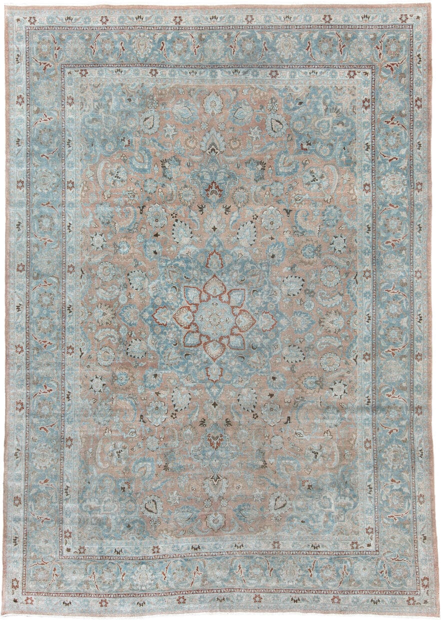 8' x 11' one-of-a-kind handmade antique Tabriz large size rug. Color palette: powder blue, blush, ivory, taupe, soft gray
