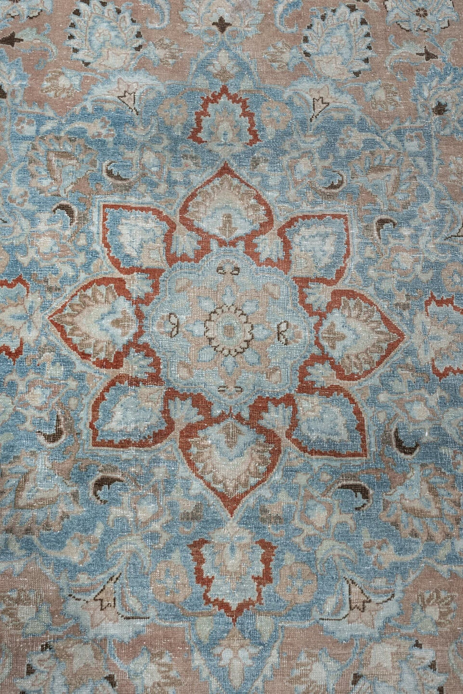8' x 11' one-of-a-kind handmade antique Tabriz large size rug. Color palette: powder blue, blush, ivory, taupe, soft gray