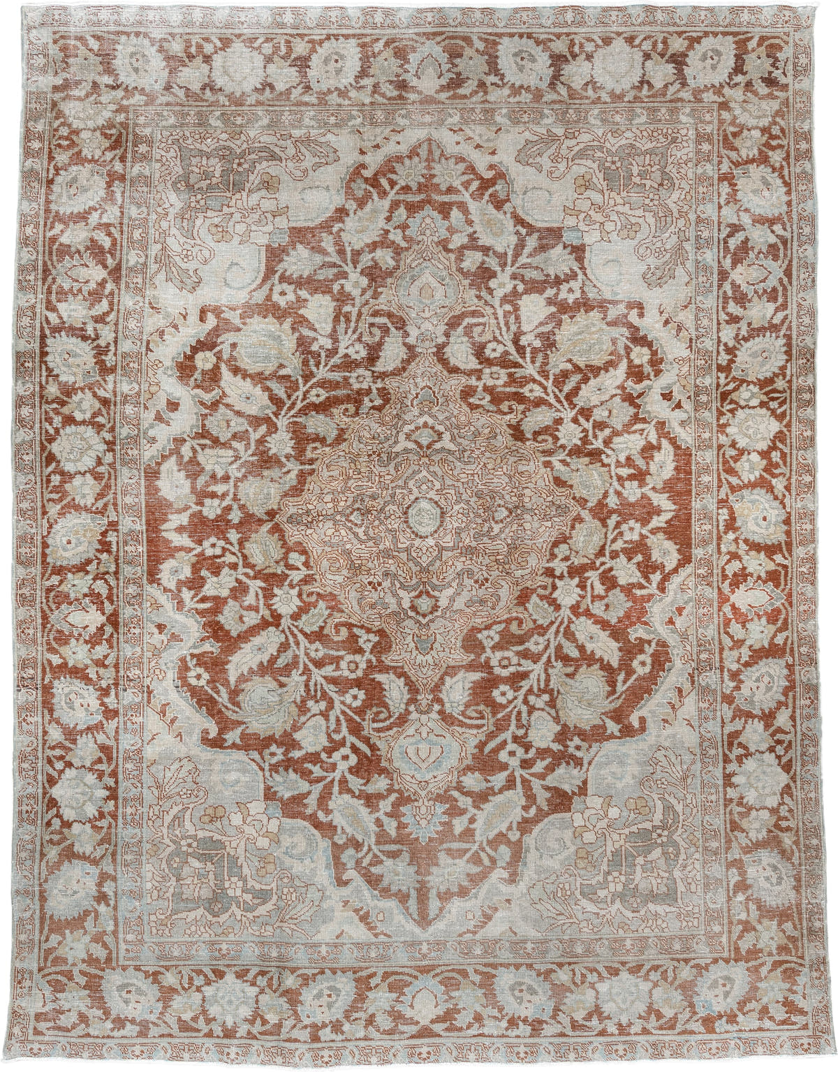8' x 10' one-of-a-kind handmade antique Tabriz large size rug. Color palette: terracotta, ivory, pale blue gray, taupe, rust