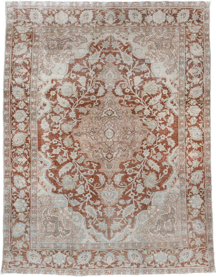 8' x 10' one-of-a-kind handmade antique Tabriz large size rug. Color palette: terracotta, ivory, pale blue gray, taupe, rust