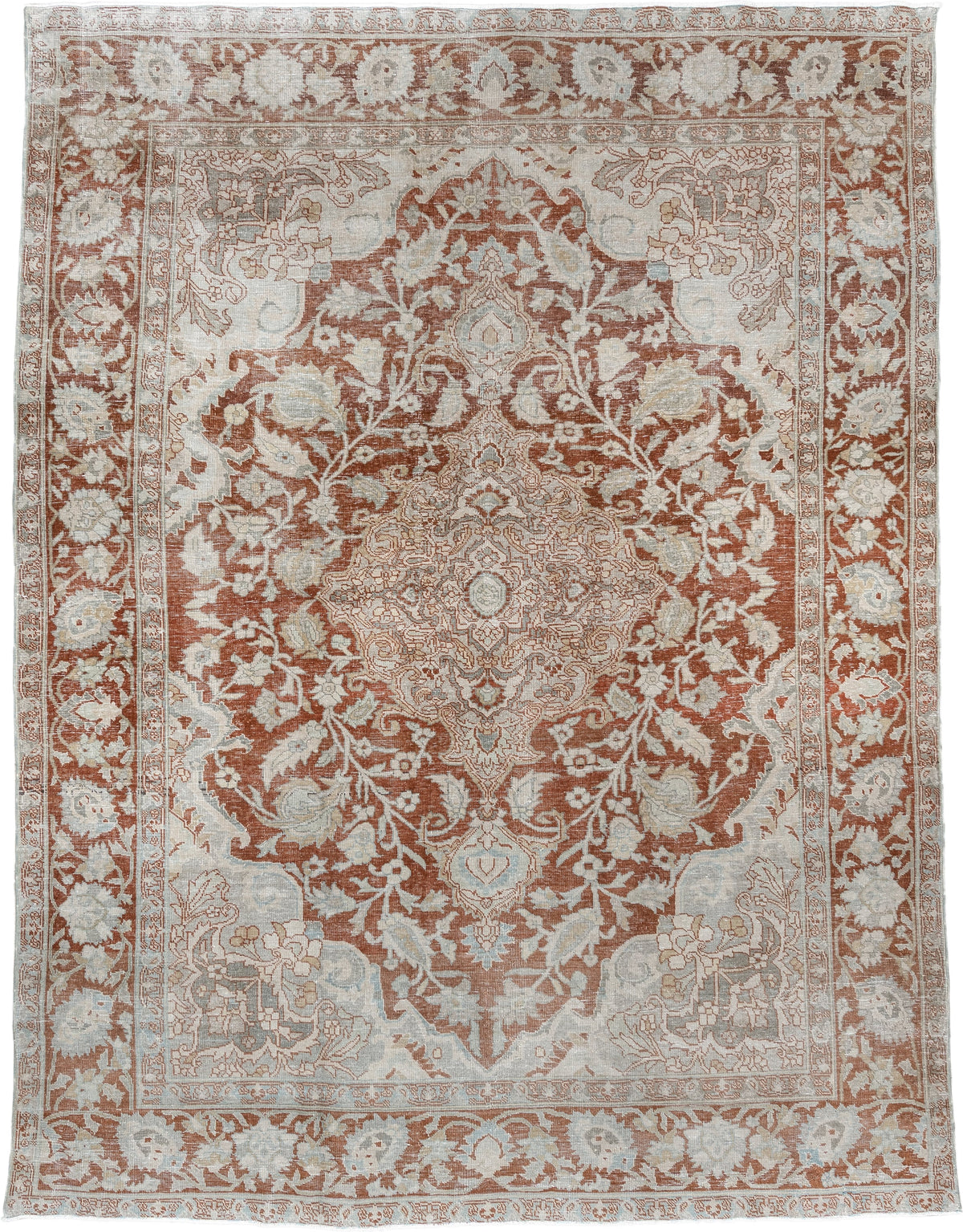 8' x 10' one-of-a-kind handmade antique Tabriz large size rug. Color palette: terracotta, ivory, pale blue gray, taupe, rust