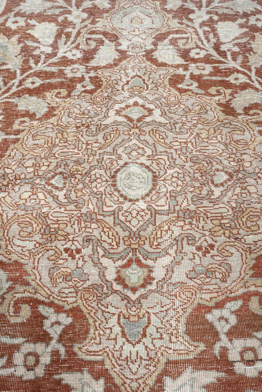 8' x 10' one-of-a-kind handmade antique Tabriz large size rug. Color palette: terracotta, ivory, pale blue gray, taupe, rust