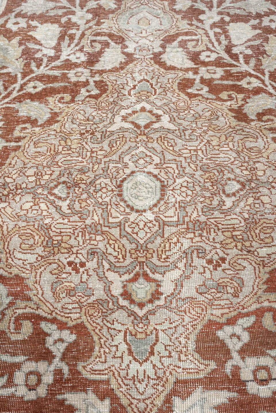 8' x 10' one-of-a-kind handmade antique Tabriz large size rug. Color palette: terracotta, ivory, pale blue gray, taupe, rust