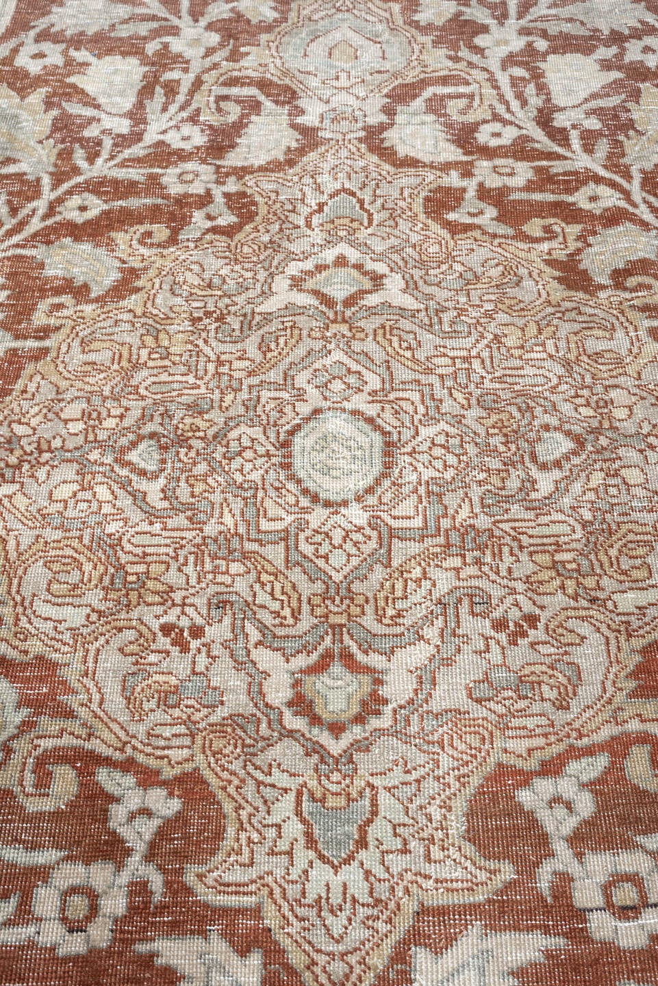 8' x 10' one-of-a-kind handmade antique Tabriz large size rug. Color palette: terracotta, ivory, pale blue gray, taupe, rust