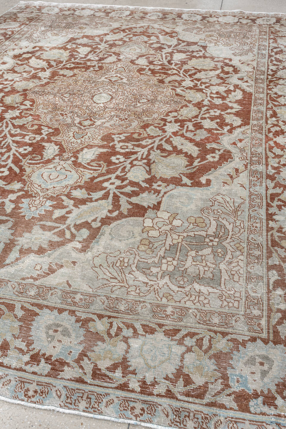 8' x 10' one-of-a-kind handmade antique Tabriz large size rug. Color palette: terracotta, ivory, pale blue gray, taupe, rust
