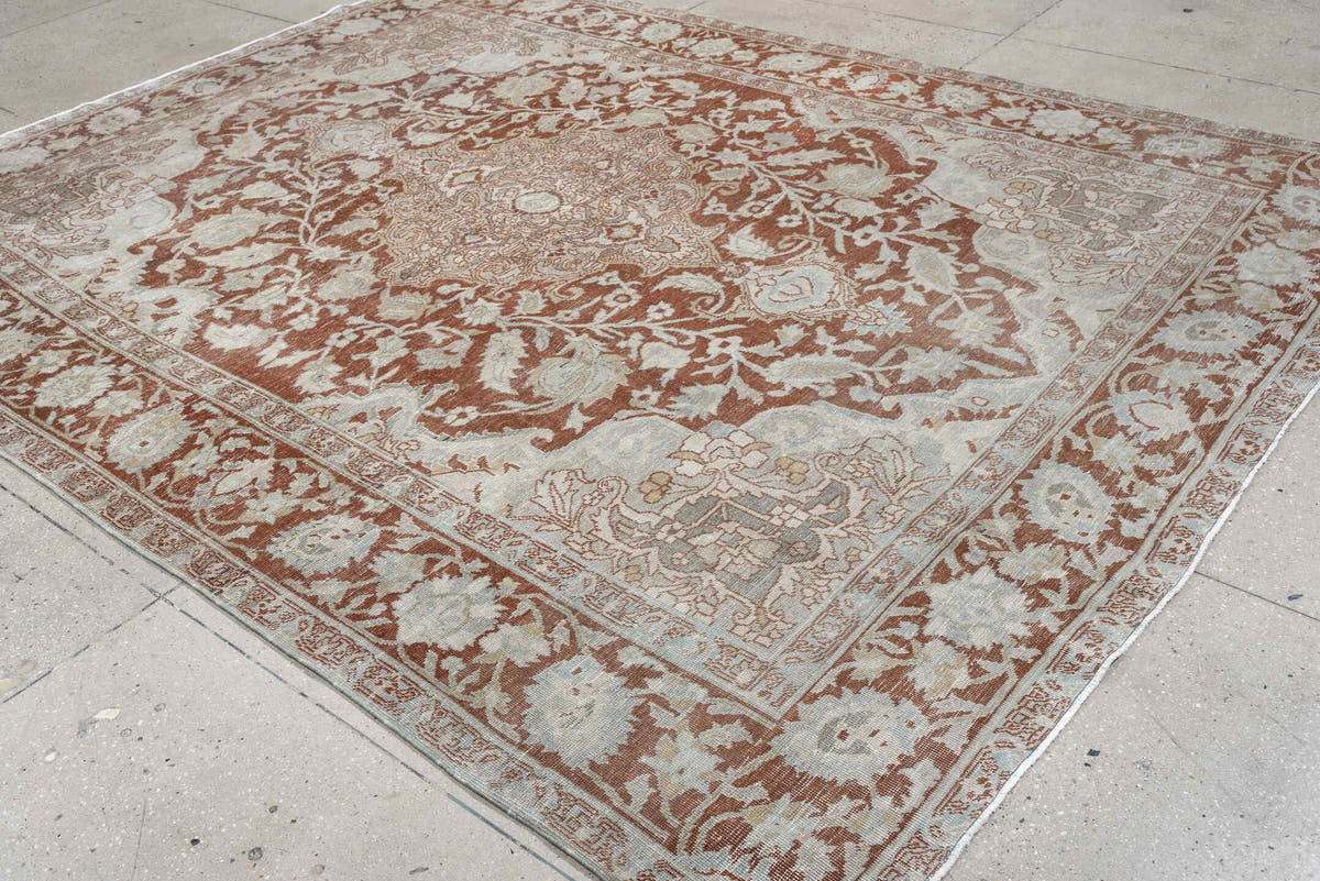 8' x 10' one-of-a-kind handmade antique Tabriz large size rug. Color palette: terracotta, ivory, pale blue gray, taupe, rust