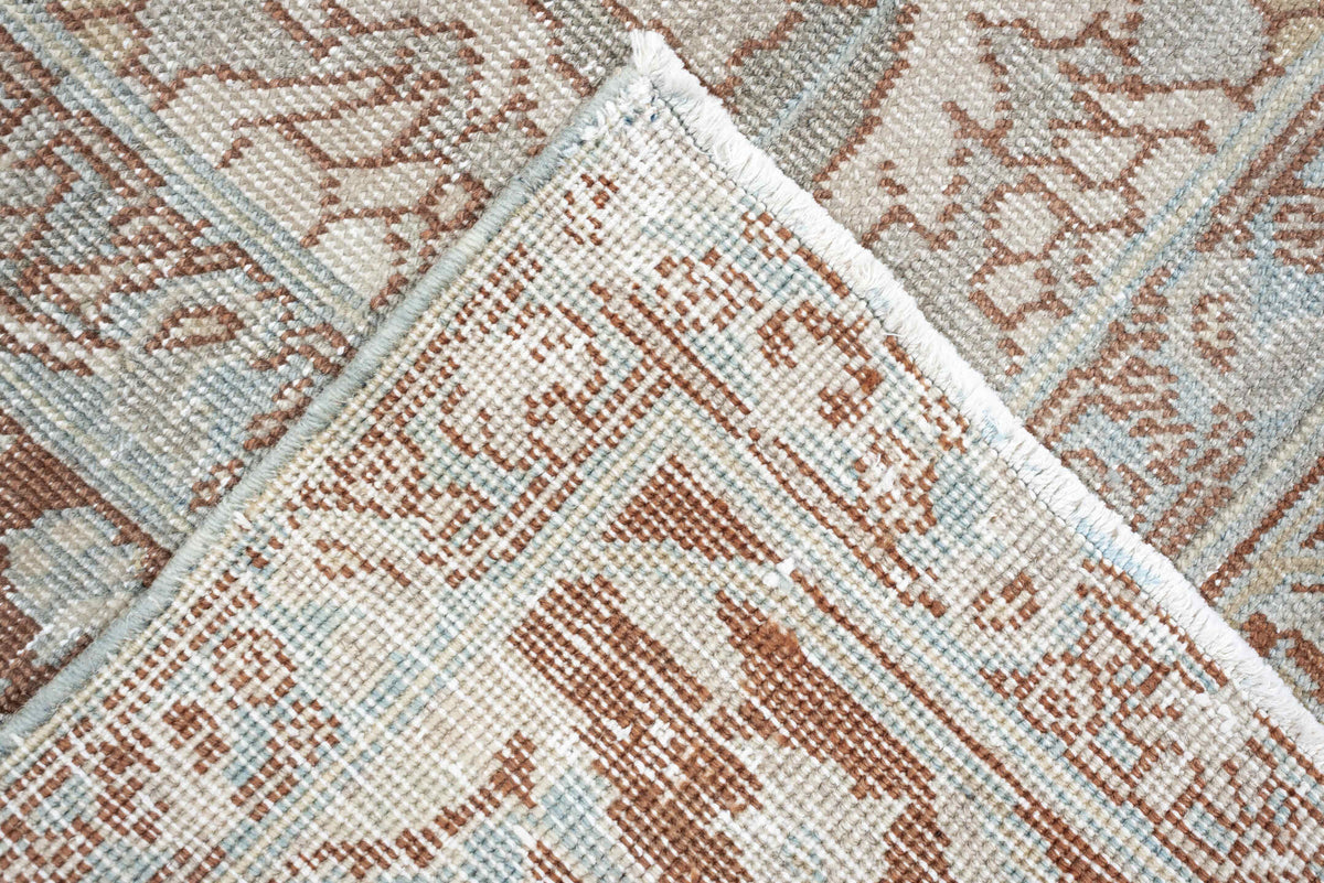 8' x 10' one-of-a-kind handmade antique Tabriz large size rug. Color palette: terracotta, ivory, pale blue gray, taupe, rust