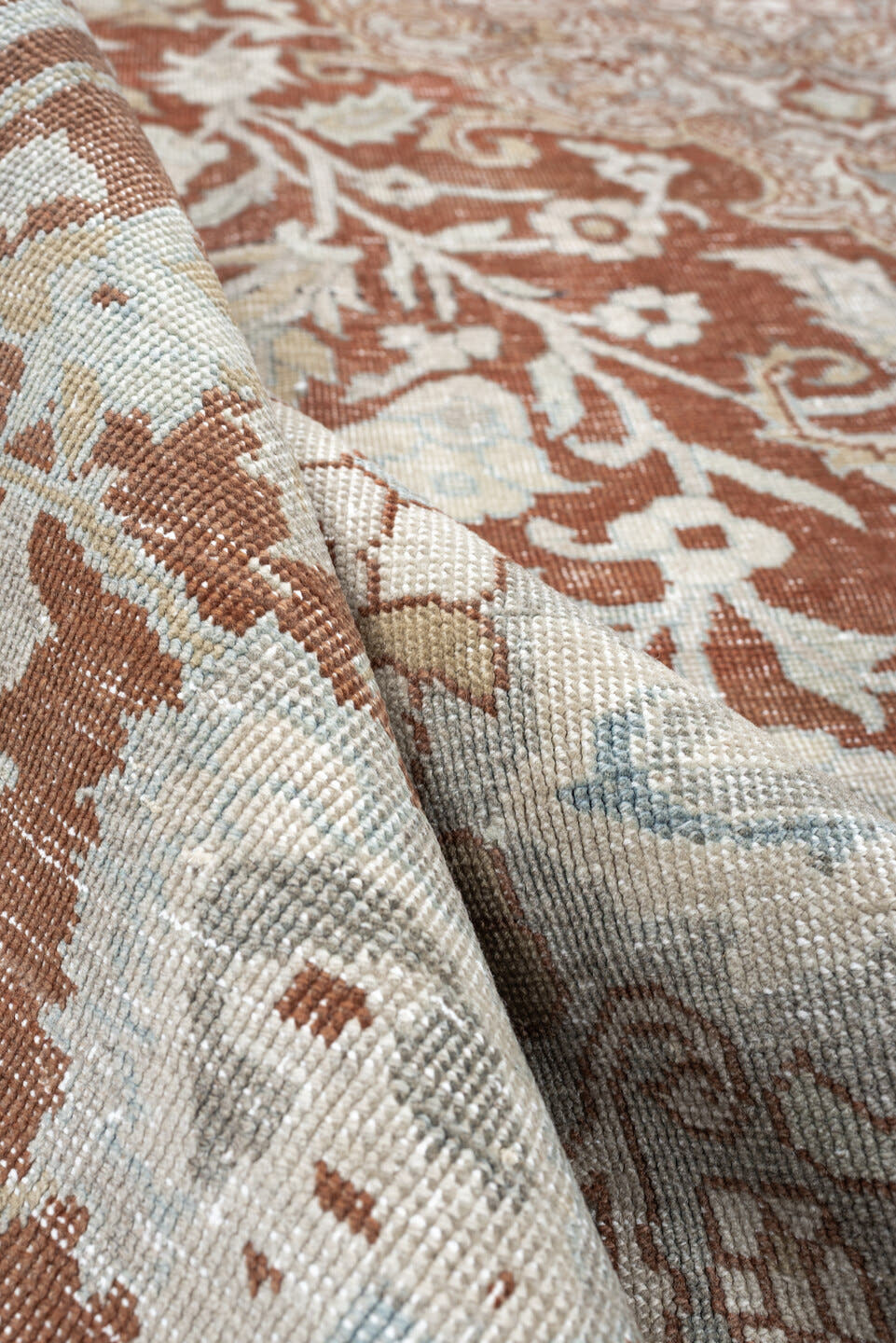 8' x 10' one-of-a-kind handmade antique Tabriz large size rug. Color palette: terracotta, ivory, pale blue gray, taupe, rust