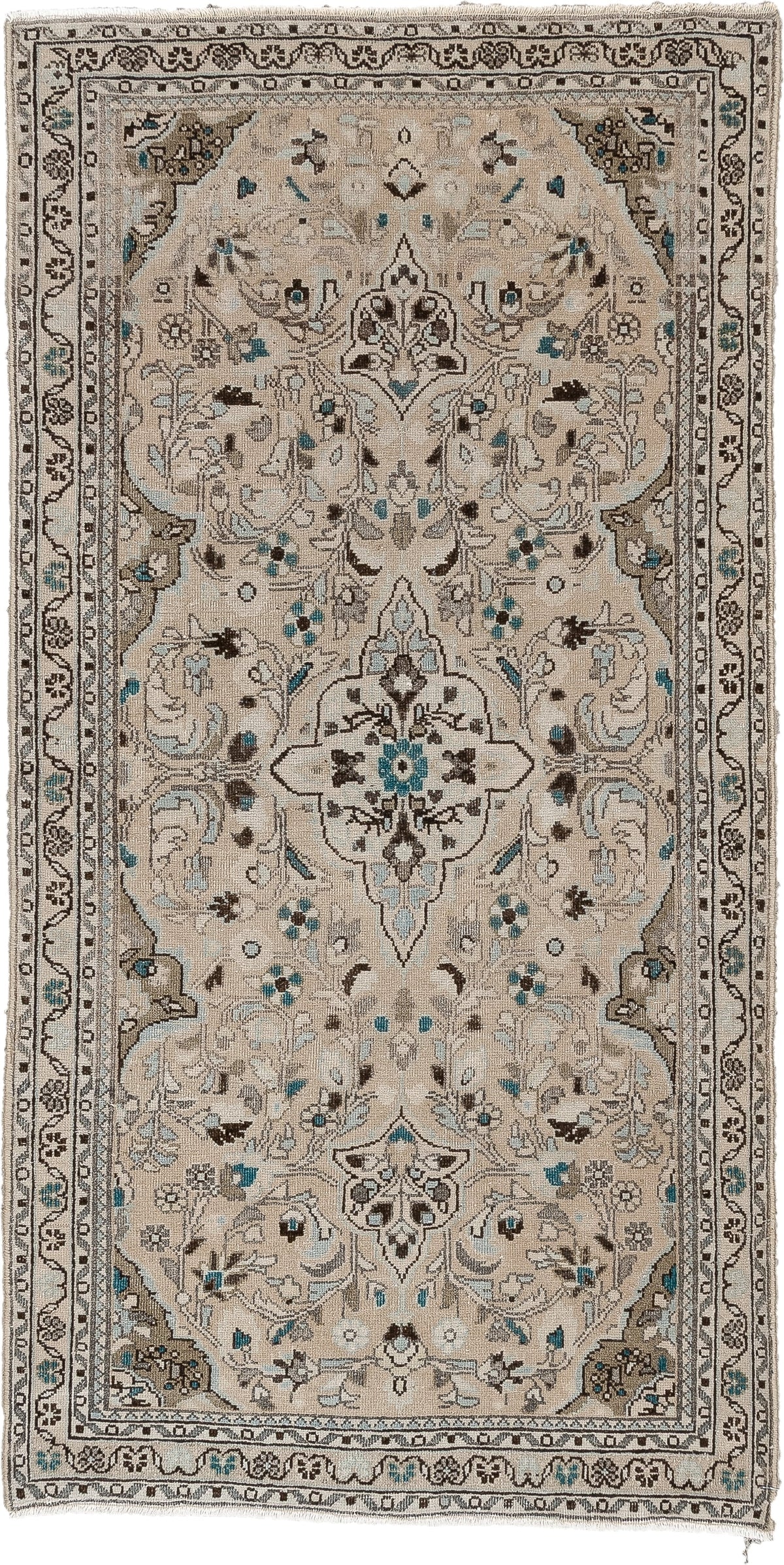 2' x 4' one-of-a-kind handmade antique Sarouk small size rug. Color palette: ivory, taupe, dark brown, teal, blue gray