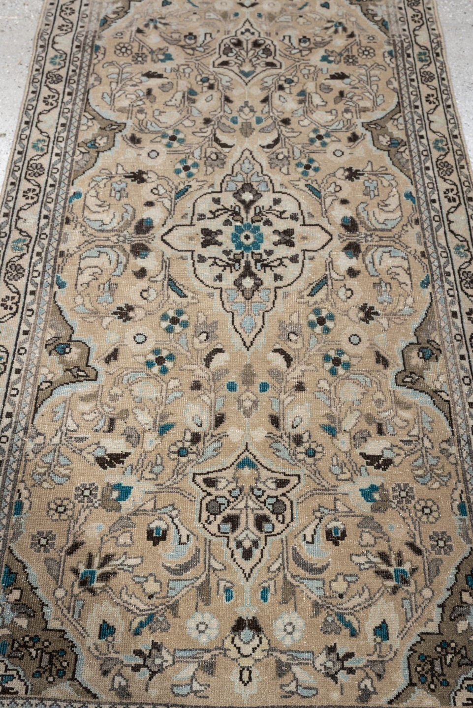 2' x 4' one-of-a-kind handmade antique Sarouk small size rug. Color palette: ivory, taupe, dark brown, teal, blue gray