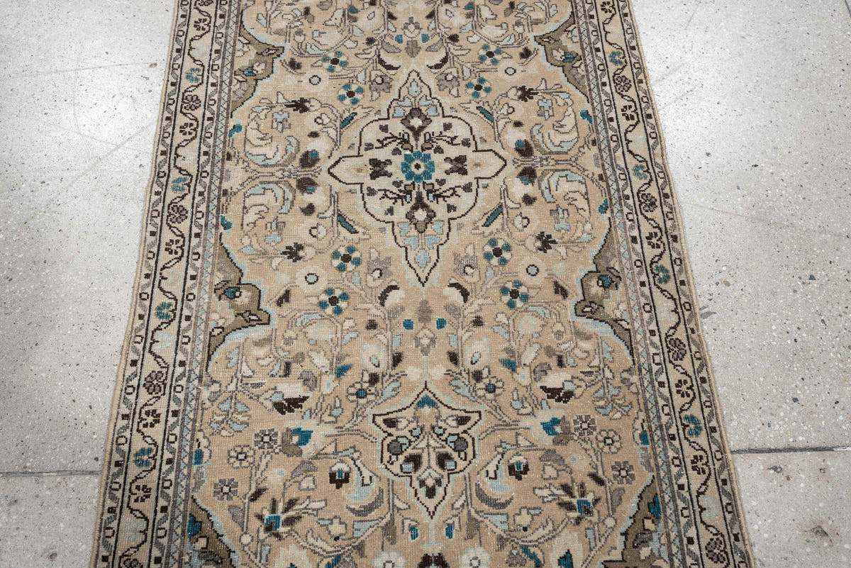 2' x 4' one-of-a-kind handmade antique Sarouk small size rug. Color palette: ivory, taupe, dark brown, teal, blue gray