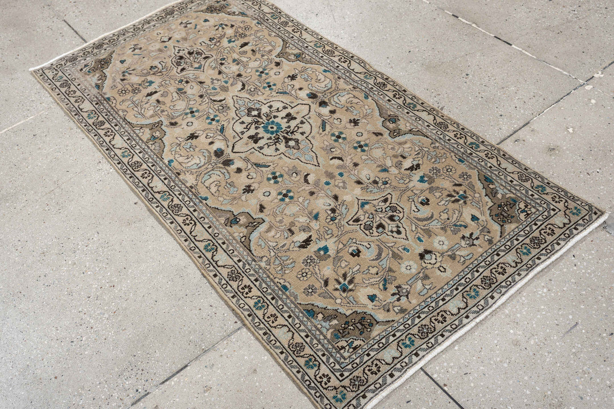 2' x 4' one-of-a-kind handmade antique Sarouk small size rug. Color palette: ivory, taupe, dark brown, teal, blue gray